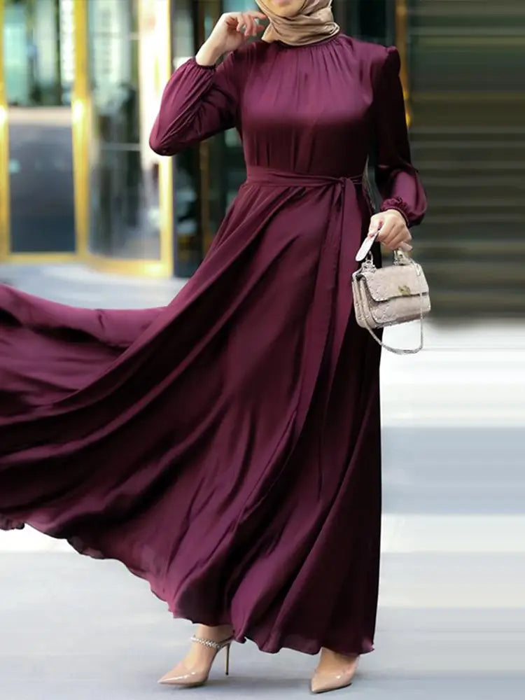 Fashion Muslim Dress Women Satin Party Sundress ZANZEA Puff Sleeve Maxi Vestidos Belted Female Solid Marocain Turkish Robe Femme