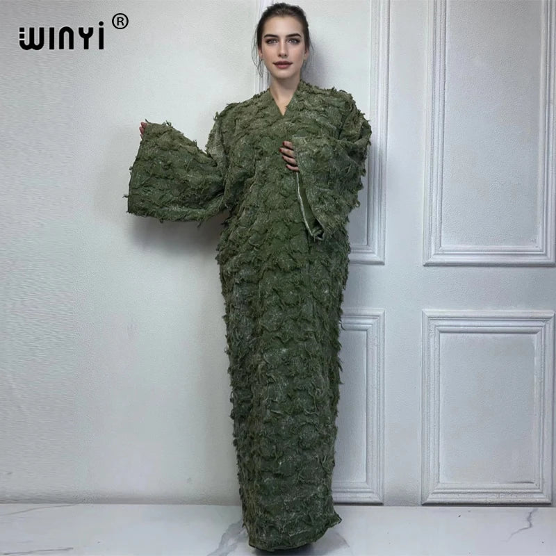 WINYI cotton Waste soil wind tie-dyed cardigan for women OverCoat elegant kimono long down coat kimono maxi dress open abaya