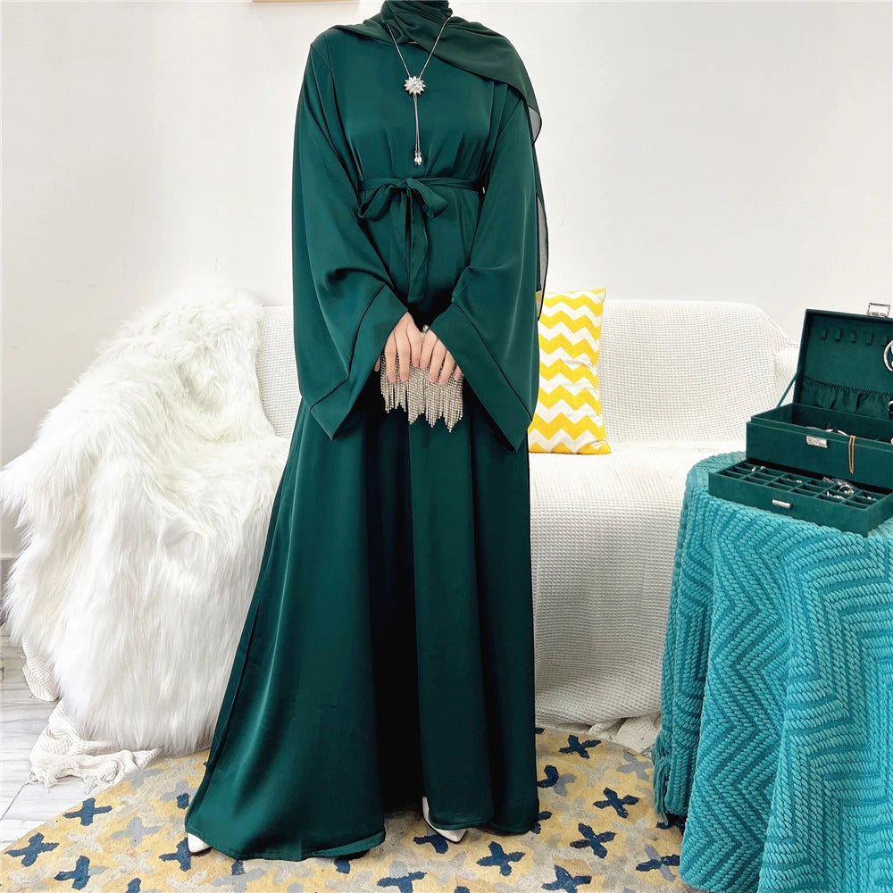 Eid Mubarak Satin Abaya Elegant Women Muslim Ramadan Long Maxi Dress Turkey Arabic Dubai Jalabiya Islamic Clothing Robe Vestidos