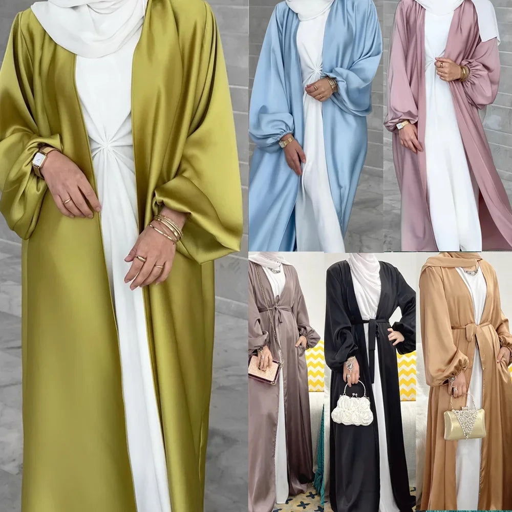 Satin Open Abaya Kimono Turkey BubbleSleeve Plain Abayas for Women Dubai 2023 Muslim Dress Islam Modest Outfit Kaftan Hijab Robe