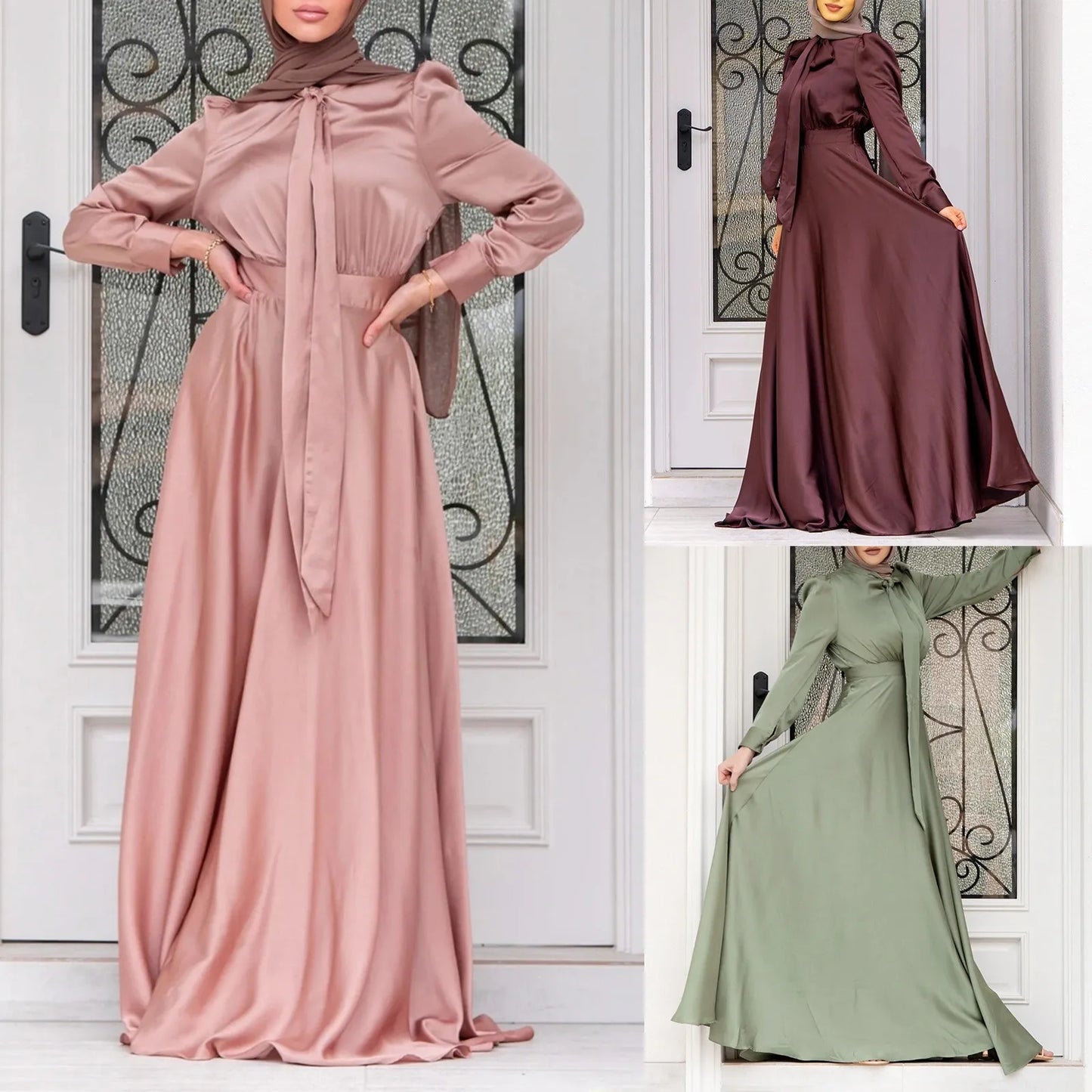 Women's Elegant Temperament Muslim Satin Dress Soft And Stylish Solid Color Long Evening Dress Loose Lace-up Dubai Dress