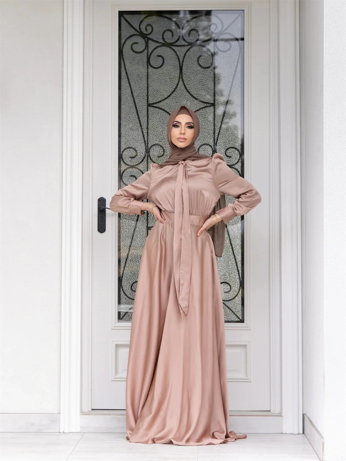 Elegant Satin Dress for Women Muslim Fashion Abaya Hijab Dubai Turkey Evening Dresses Arabic Kaftan Robe Female Islamic Clothing